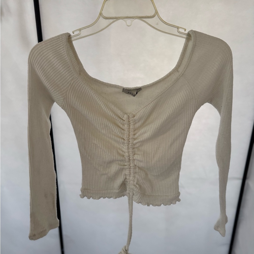 Papaya Cream Ribbed Ruched Long-Sleeve Crop Top